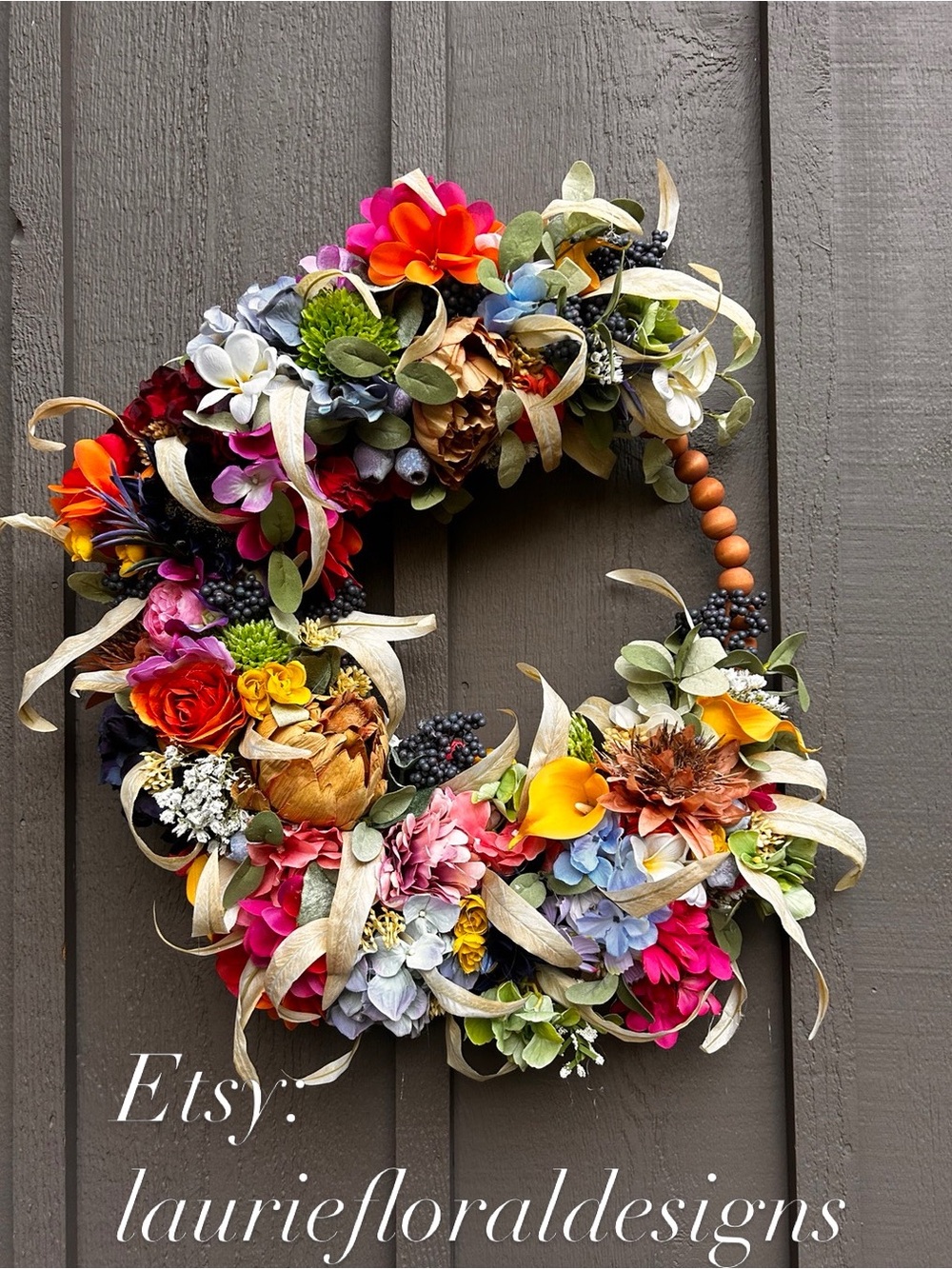Vibrant Mixed Floral Wreath with Wood Bead Hanger